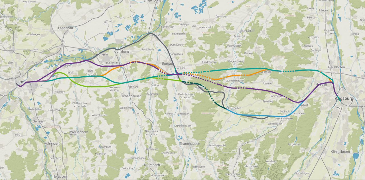 Trassenalternativen beim Bahnprojekt Ulm-Augsburg